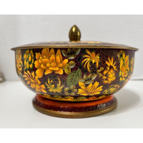 Daher Biscuit/Cookie Tin Made in England Floral Brass Finial MCM Orange - Picture 2 of 9